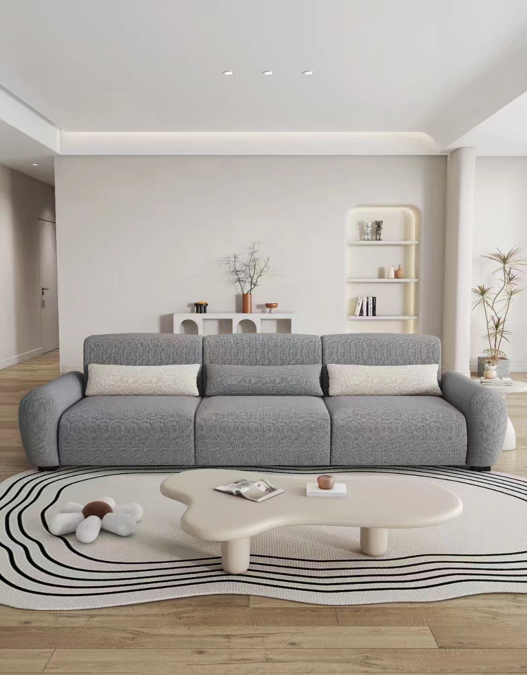 ghế sofa, kem, kẹo dẻo, nhà thiết kế phòng khách nhỏ, với một con cừu ngắn và một cái ghế ba người.