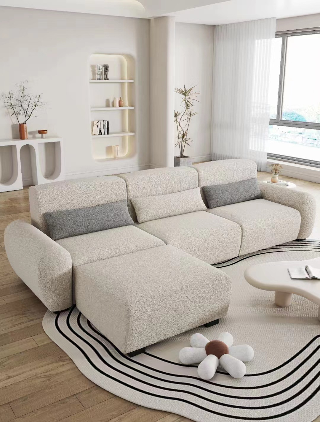 ghế sofa, kem, kẹo dẻo, nhà thiết kế phòng khách nhỏ, với một con cừu ngắn và một cái ghế ba người.