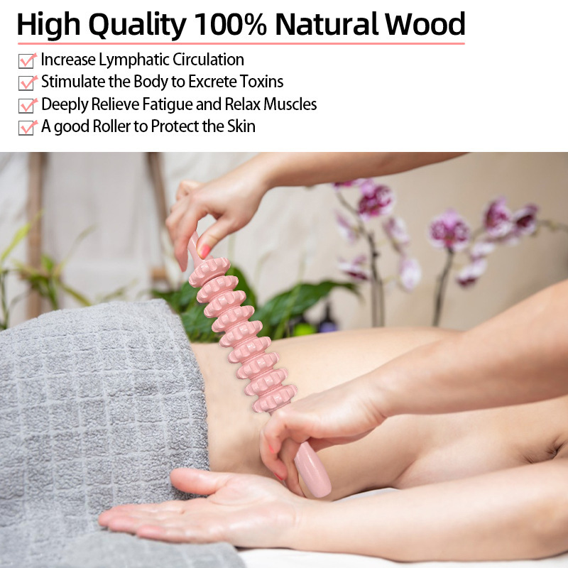 A wood wheel-and-fat-mitigating troupe. A wood-constructed massage kit.