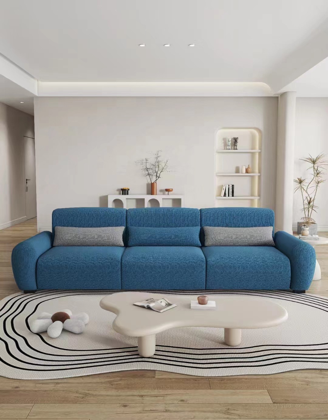 ghế sofa, kem, kẹo dẻo, nhà thiết kế phòng khách nhỏ, với một con cừu ngắn và một cái ghế ba người.
