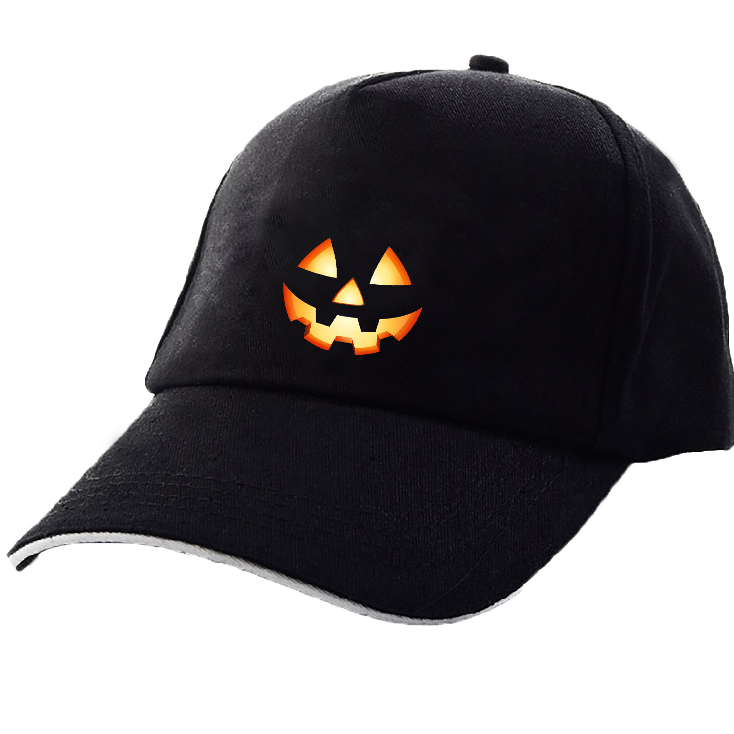 Summer sun-covered Halloween idea of a pumpkin ghost face with a baseball cap on the street.