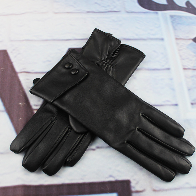 Female PU gloves with velvet youth leather gloves driving around in the autumn and winter to ride.