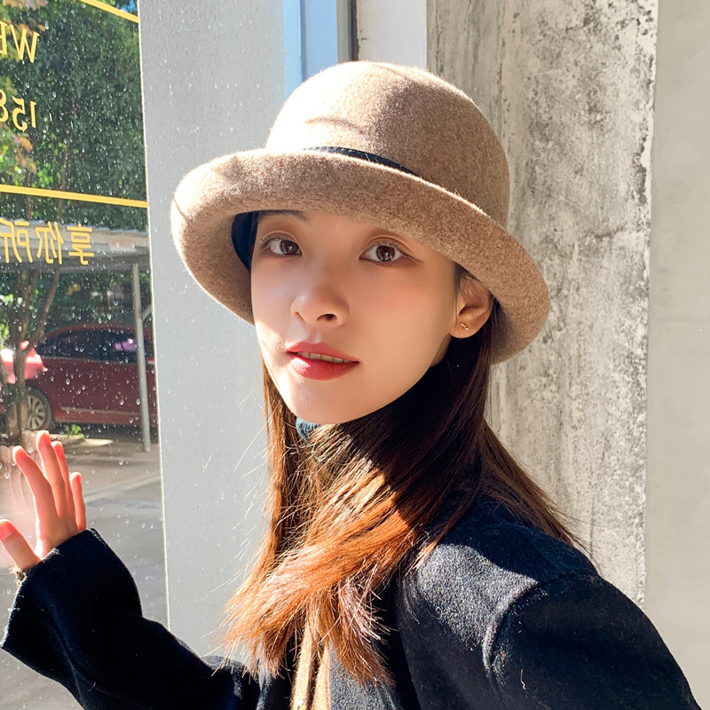 羊毛呢圆顶卷边礼帽渔夫帽英伦复古秋冬季女保暖盆帽时尚洋气百搭