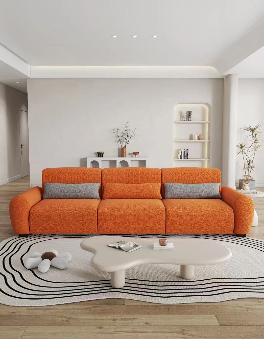ghế sofa, kem, kẹo dẻo, nhà thiết kế phòng khách nhỏ, với một con cừu ngắn và một cái ghế ba người.