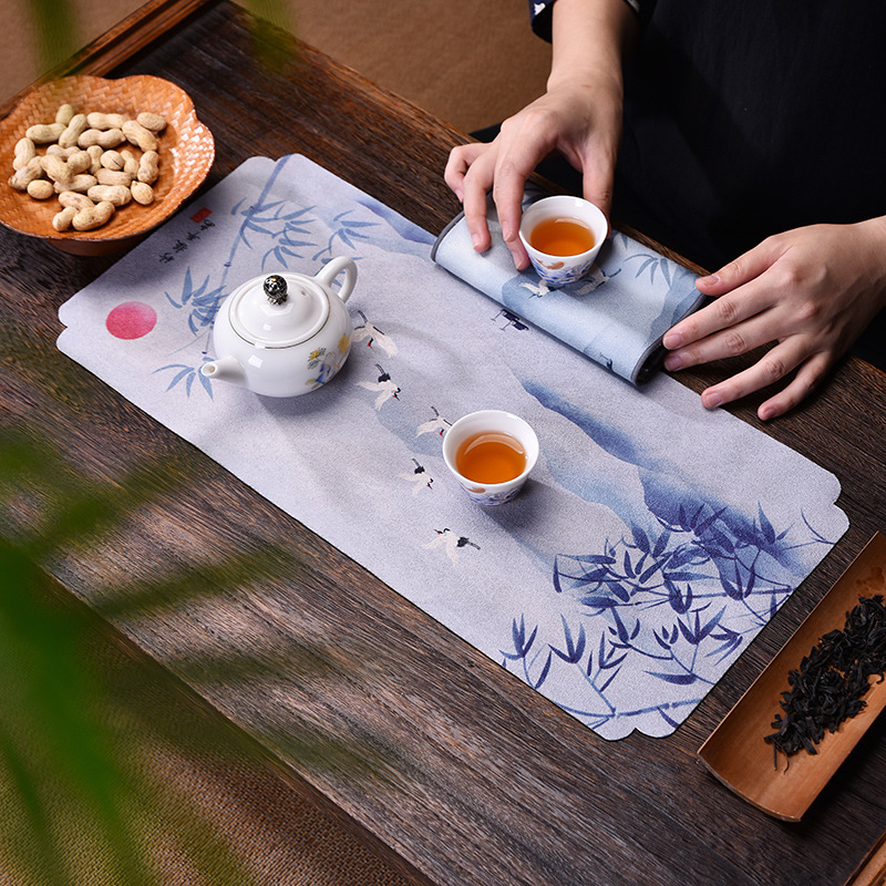 國潮茶席茶巾吸水小號幹泡茶墊禪意鹿皮絨印刷茶桌布中國風茶道
