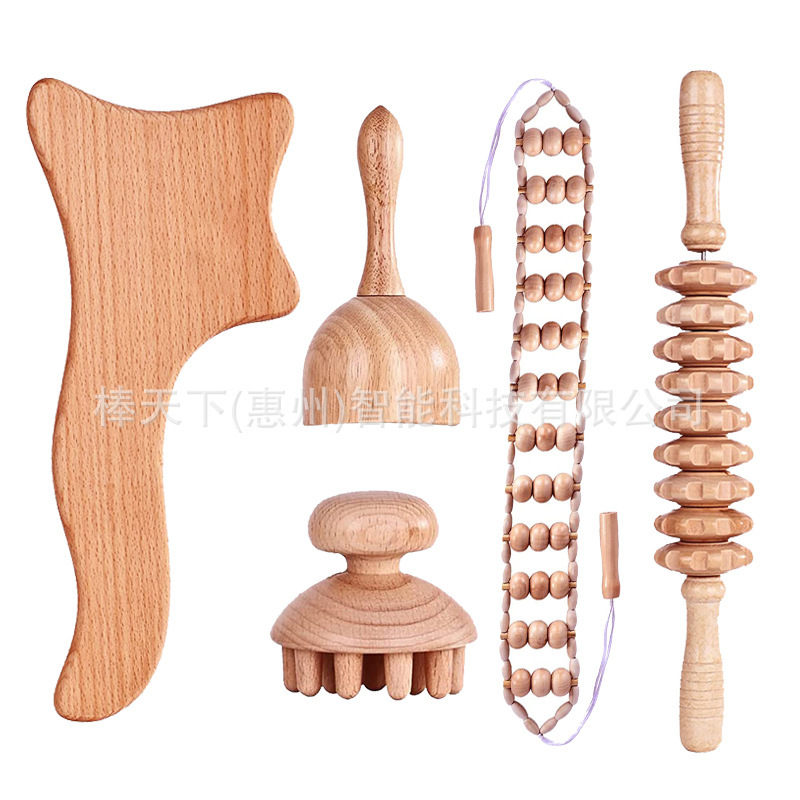 A wood massager shaving a glass of muscular acid pain relief wood therapy tool back massage wood roller suit