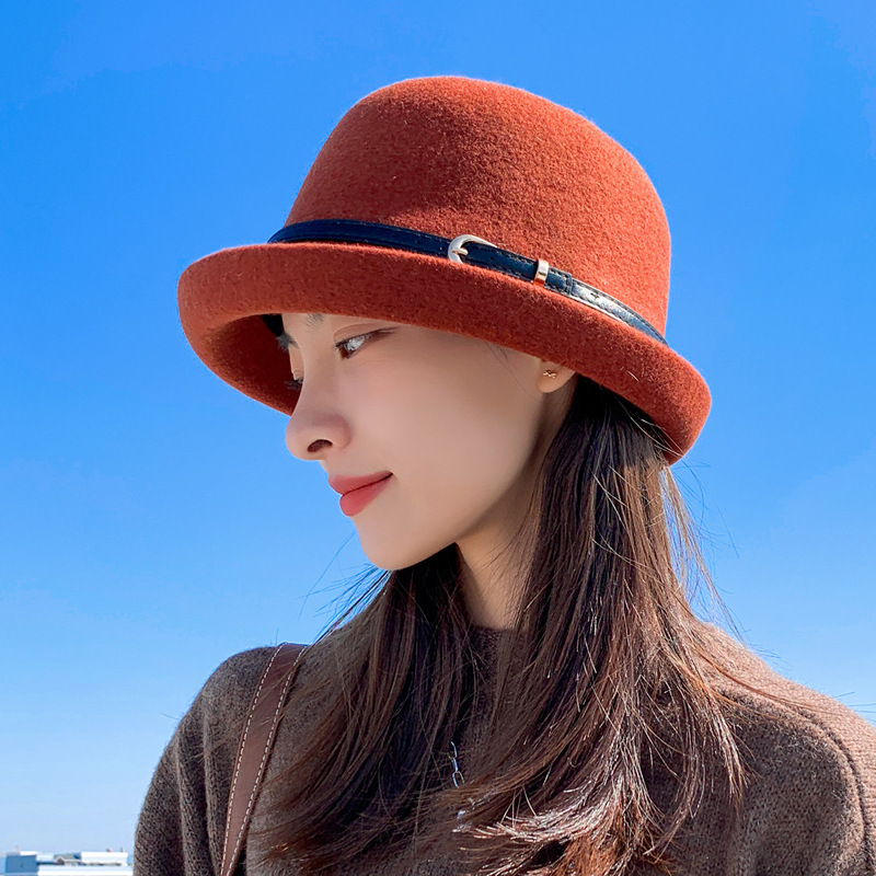 羊毛呢圆顶卷边礼帽渔夫帽英伦复古秋冬季女保暖盆帽时尚洋气百搭