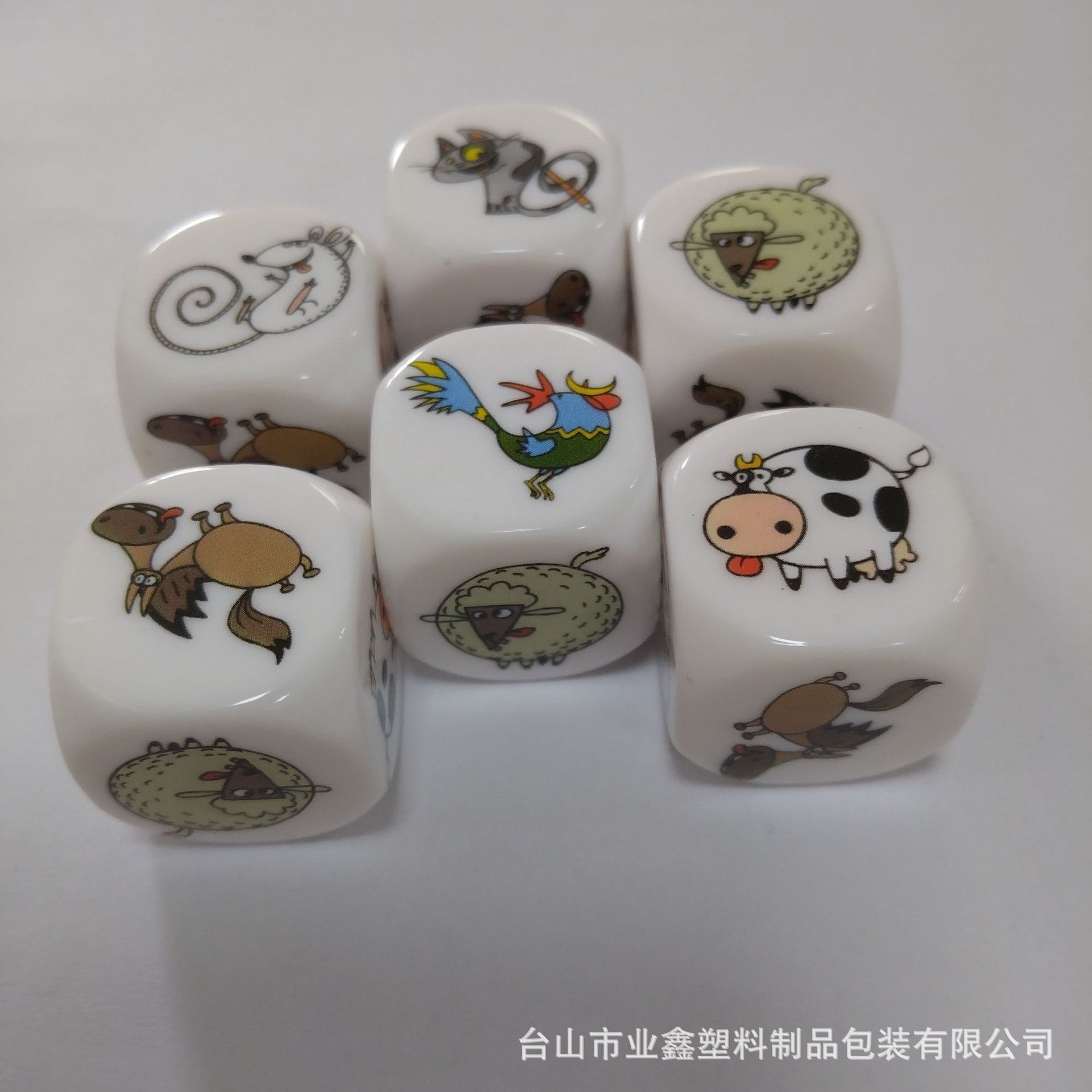 20mm xúc sắc, màu sắc, sàng sảy, thú vật, bò, gà, mèo, lừa, chuột.