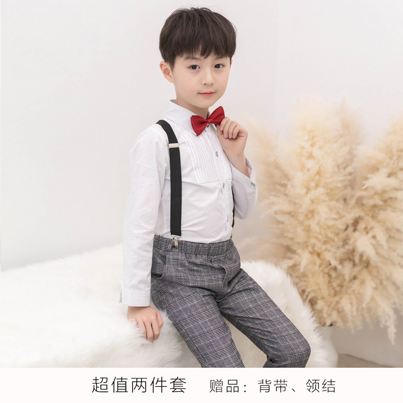 新款夏季男童礼服套装六一儿童节演讲演出服背带裤衬衫两件套批发