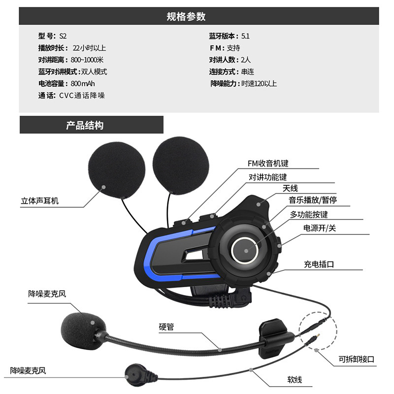 厂供私模摩托车头盔蓝牙耳机 2人对讲距离1000米头盔蓝牙对讲耳机