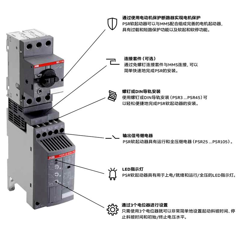 ABB软起动器内置旁路3KW紧凑型PSR6-600-70软启动器IP20现货工厂