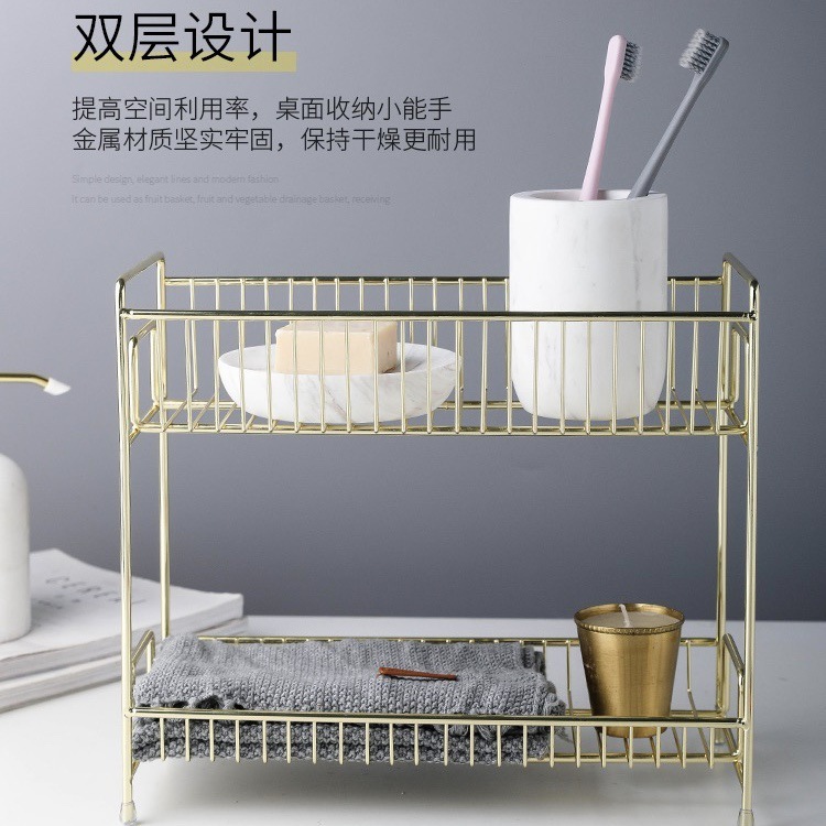 Two-story bathroom floor shelf for gold-coloured northern cosmetics.