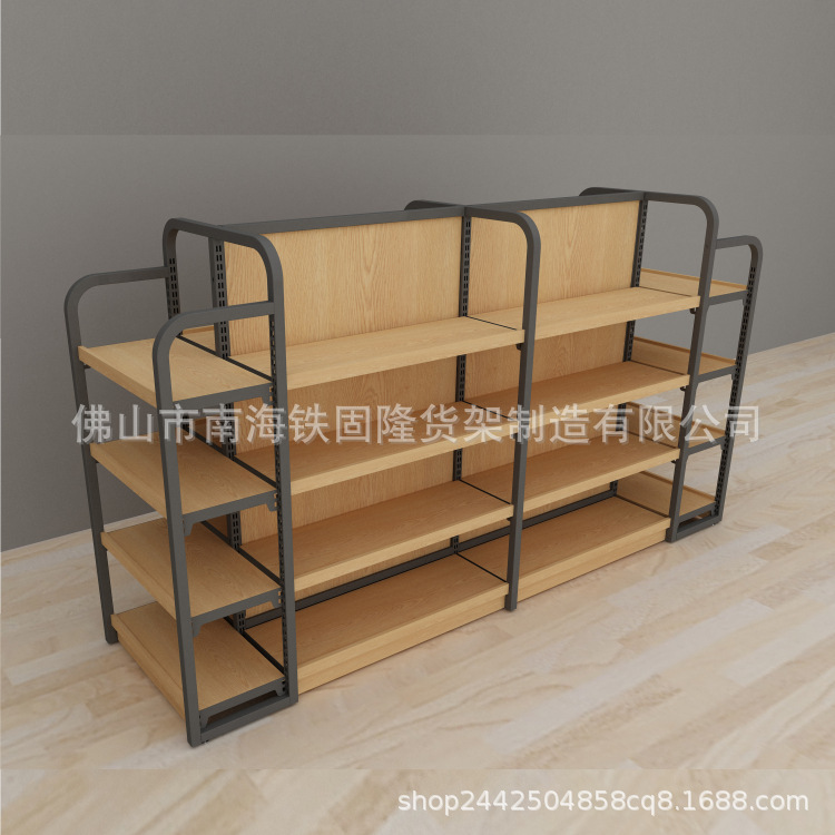 Customized supermarket snack shelf displays, double-side steel and wood shelfs at the mall, facilitating the distribution of the store shelf.