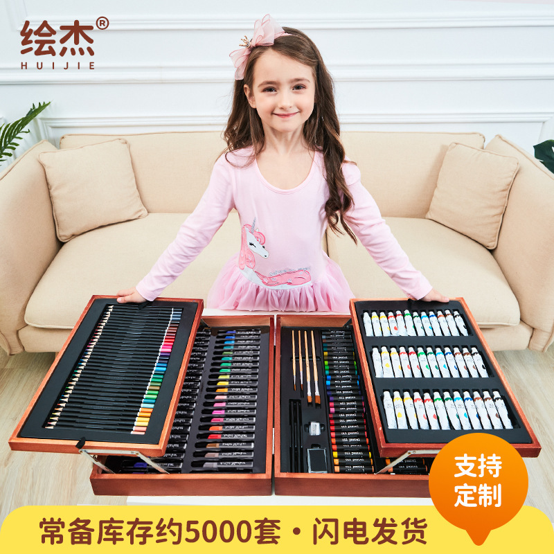 174 PC wooden box drawing crayons with acrylic paint for children