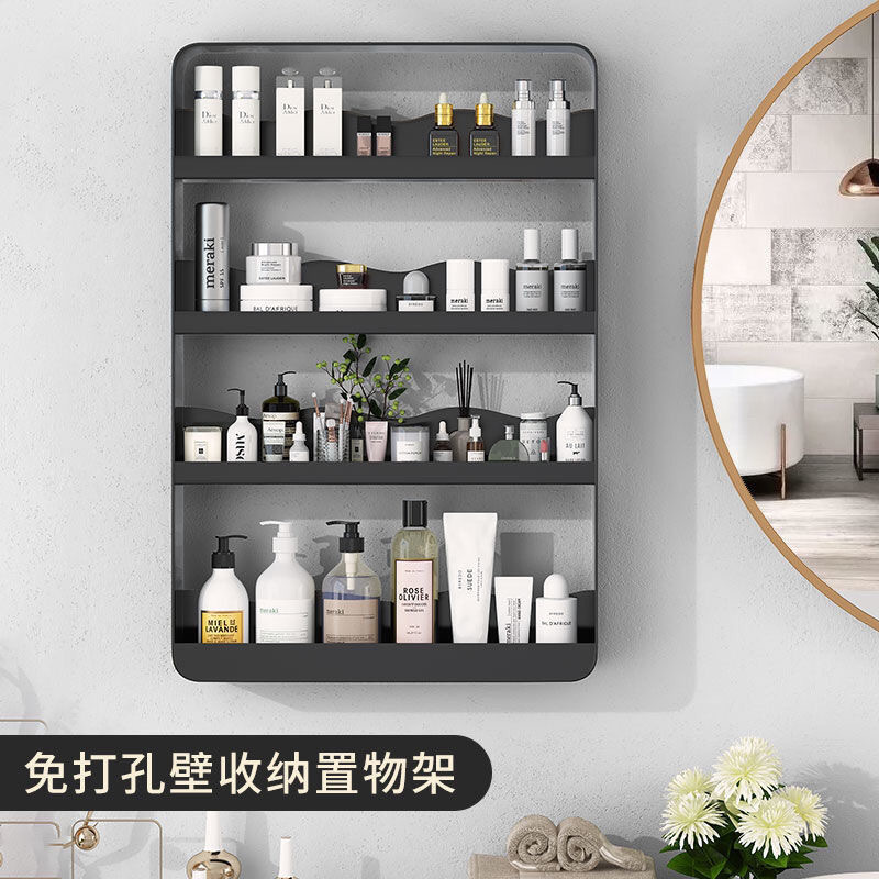 Bức tường nhà vệ sinh có đồ trang điểm.