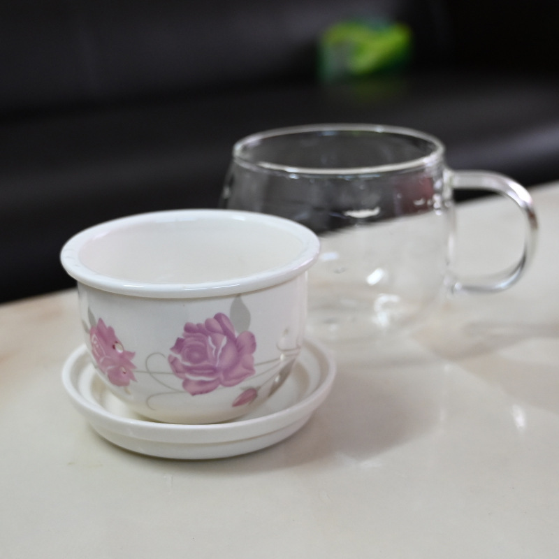 玻璃杯搭配陶瓷過濾器內膽帶蓋的三件套個人茶杯水杯早餐杯咖啡杯