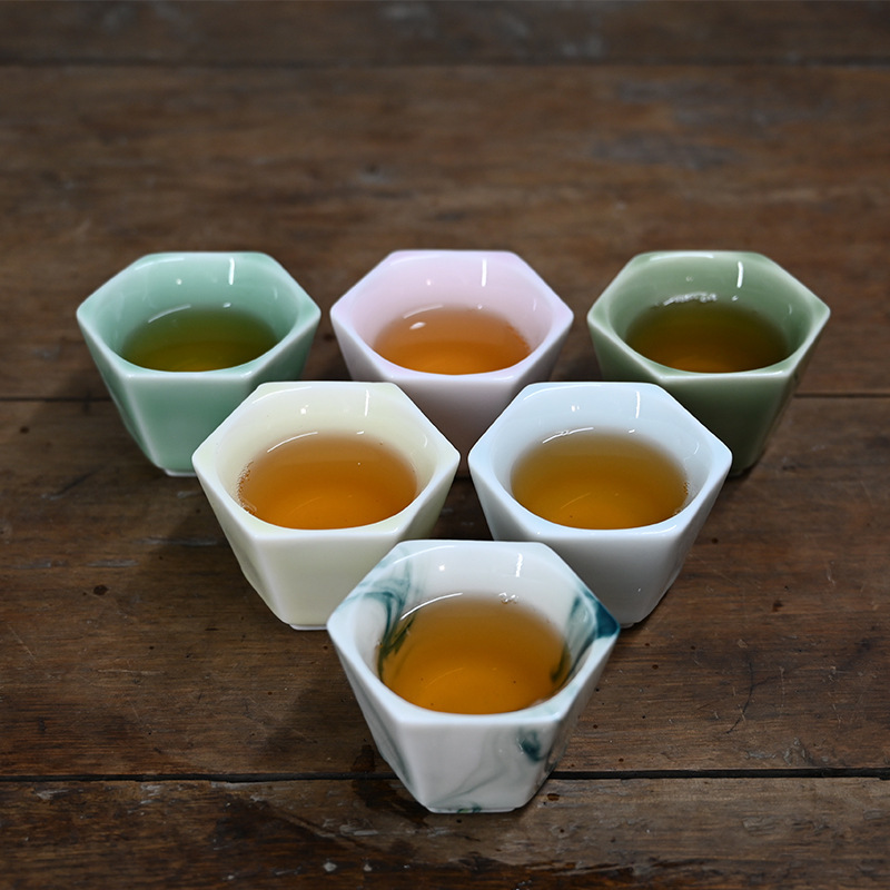 新款瓷制六角形大理石花纹套装茶具个人杯子单杯主人陶瓷茶杯