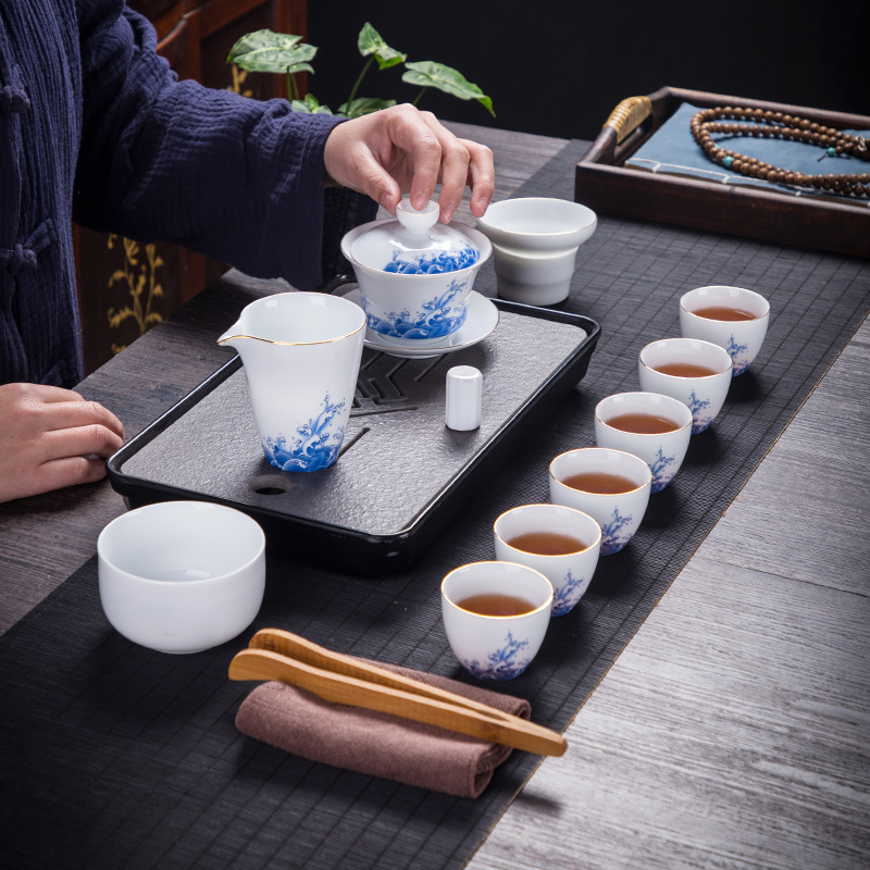 办公家用送礼箱式礼盒包装盖碗茶海茶杯套组海浪陶瓷功夫茶具套装