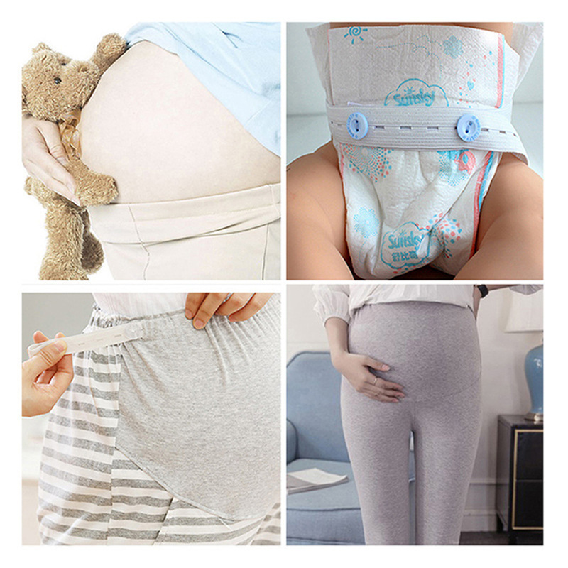 The flexible belt of the pants for pregnant women with a black and white laced eye button.