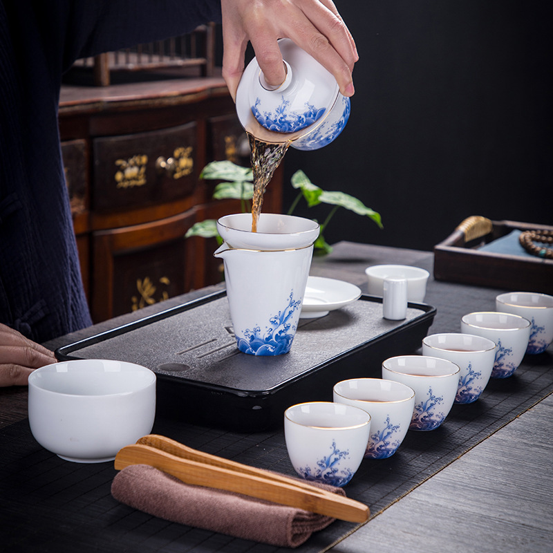 办公家用送礼箱式礼盒包装盖碗茶海茶杯套组海浪陶瓷功夫茶具套装