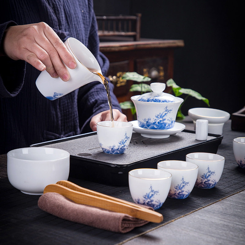 办公家用送礼箱式礼盒包装盖碗茶海茶杯套组海浪陶瓷功夫茶具套装
