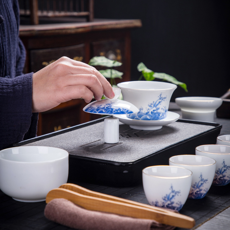 办公家用送礼箱式礼盒包装盖碗茶海茶杯套组海浪陶瓷功夫茶具套装