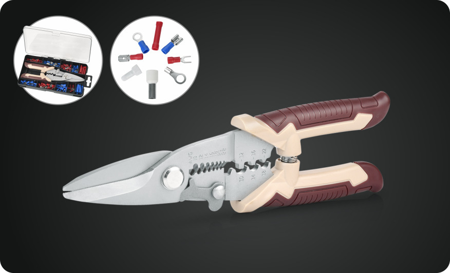 A patented novel, a three arrow manual tool, multi-functional cutting, striping, voltage-wire cutters set.