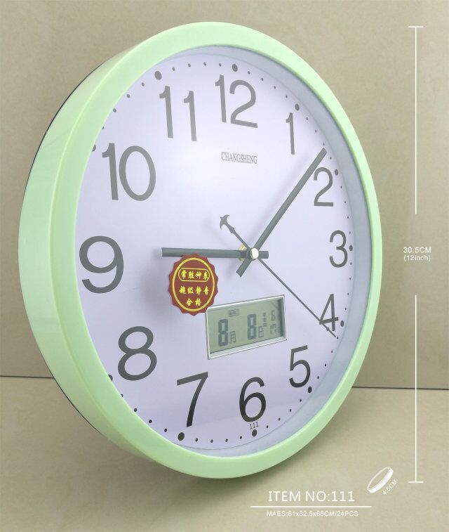 The LCD calendar clock with a temperature of 12 inch of the clock, in English.