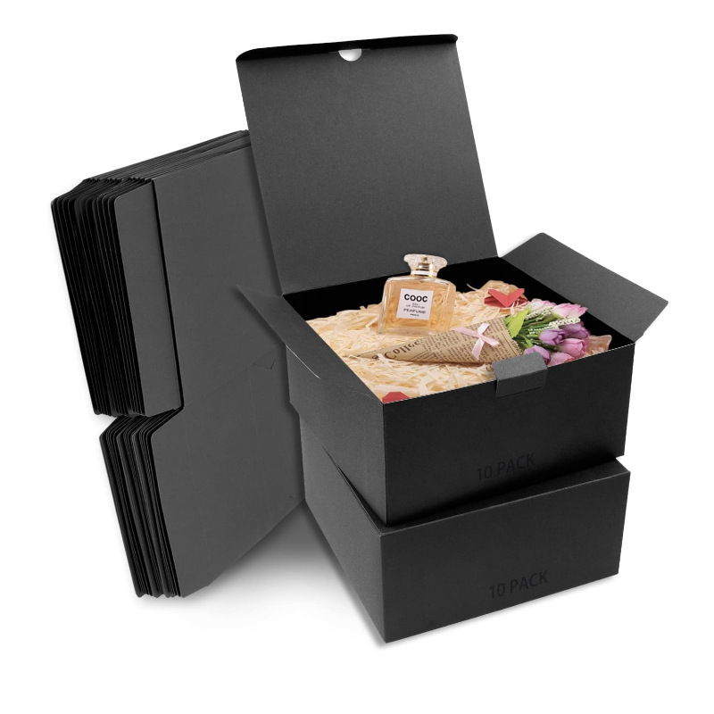 Customized black card box with cosmetic perfumes and luxurious bouquets