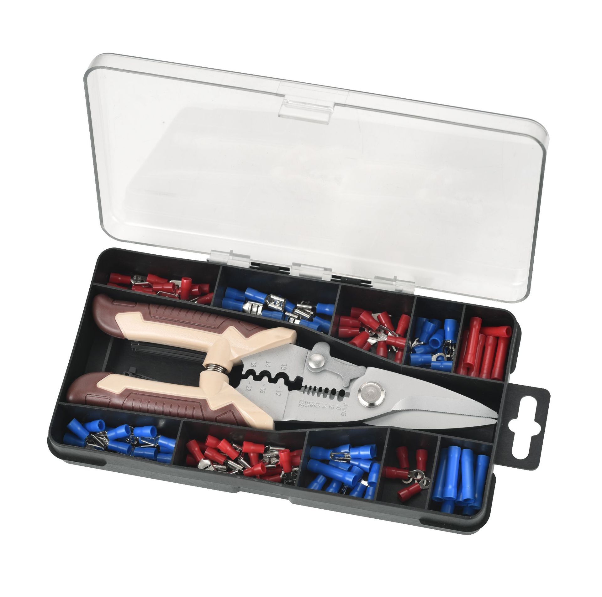 A patented novel, a three arrow manual tool, multi-functional cutting, striping, voltage-wire cutters set.