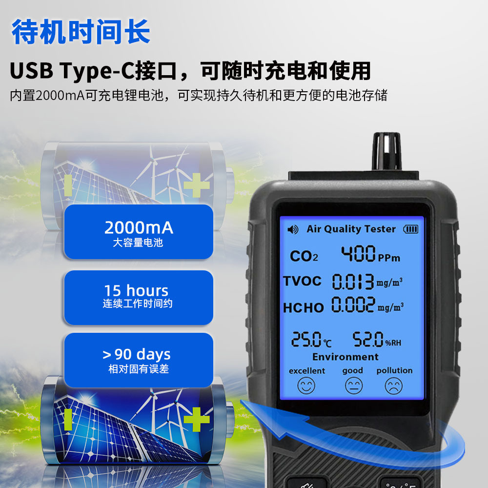 JD-3002 carbon dioxide detector, six and one air quality detector, temperature and humidity.