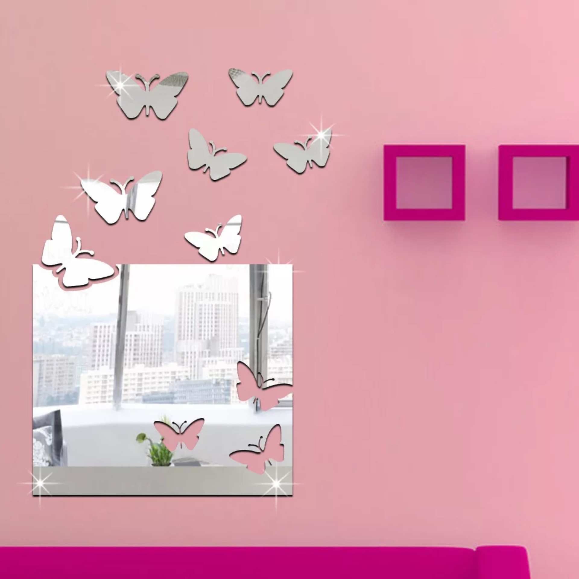 A mirror wall with a large box of butterflies on the wall of the living room.