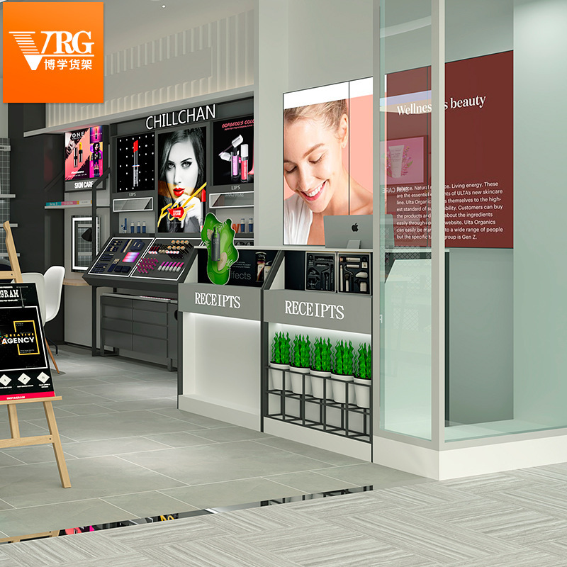 Cosmetic shelf cashier, modern, small shop, beauty bar, clothing and tea counter