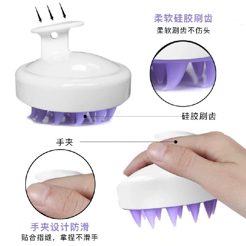 Silicon shampoo shampooing adult heads rubbing head and headbrush brushing.