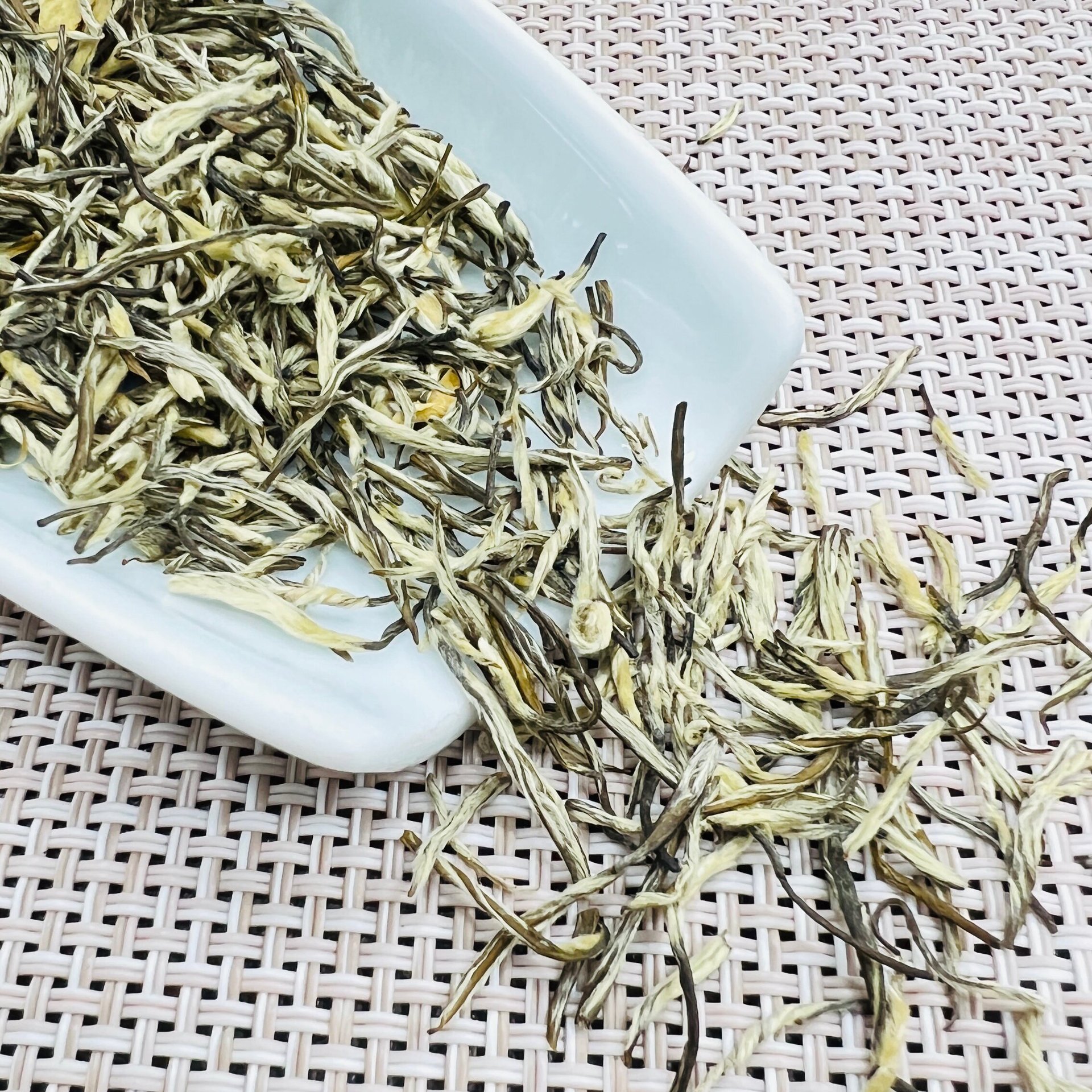 Cây kim của Jasmine, trà hoa nhài mới ở hạt Guangxico, mầm của những chồi và bong bóng.