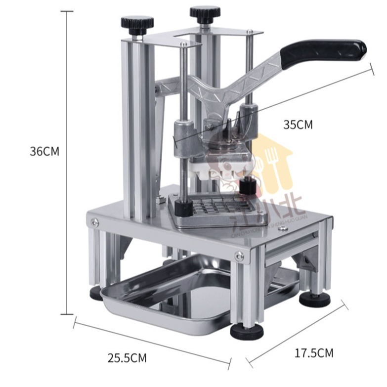 A cucumber potato cutter, a fruit cutter, and a strip cutter for a commercial multi-purpose strip cutter.