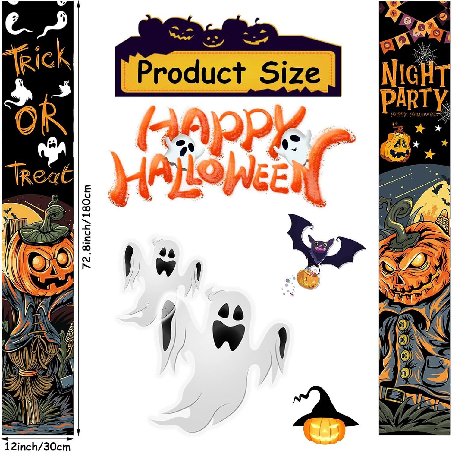 A porch banner against a 30x180cm pair of pumpkins and a banner against a United Halloween decoration gallery.