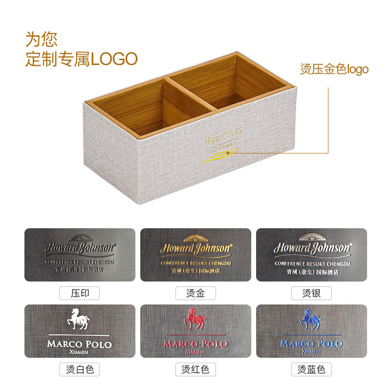 Hotel service guide for hotel accommodations with logo in leather tea boxes and trash cans