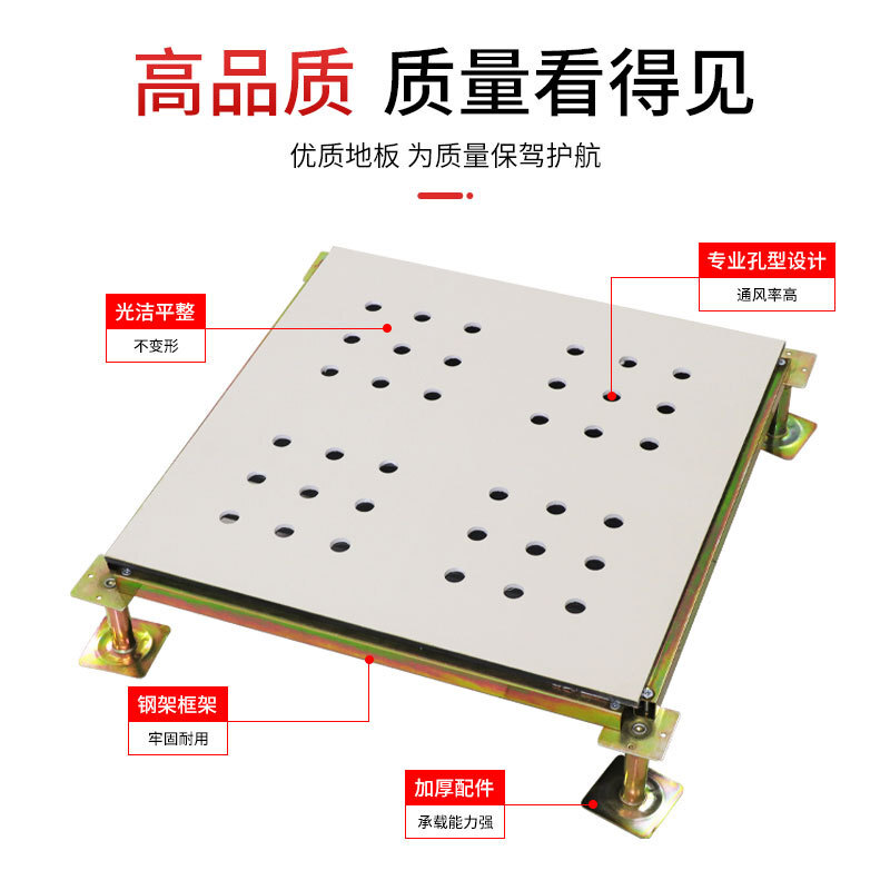 Customization of 20-46 per cent ventilation rate of 20-46 per cent of all ceramic and steel ventilated static floors with hole-spreaded thermal tiles