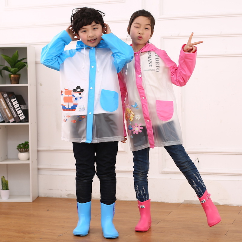 Children's raincoats, cute and transparent, baby girl pupils pvc with long rain caps, raincoats