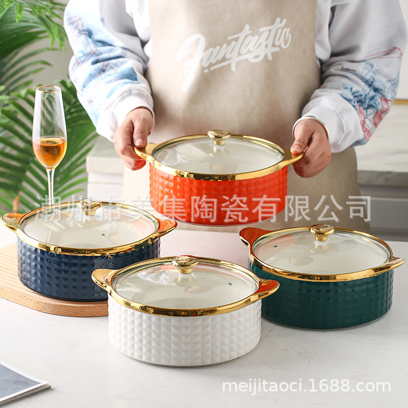 新款陶瓷帶蓋湯鍋餐廳家用北歐雙耳加厚金邊大容量盛湯大碗跨境