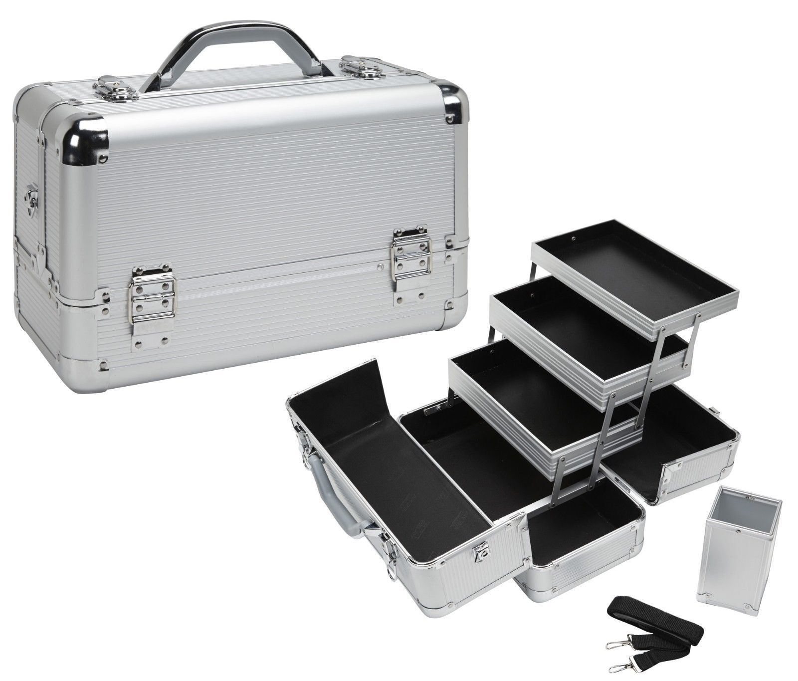 Double-opened aluminum alloy make-up case.