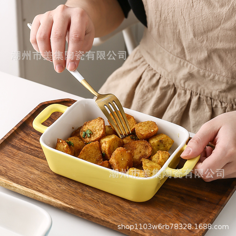 大號創意家用雙耳烤盤陶瓷甜品烘焙盤長方形芝士焗飯盤雙耳烤盤