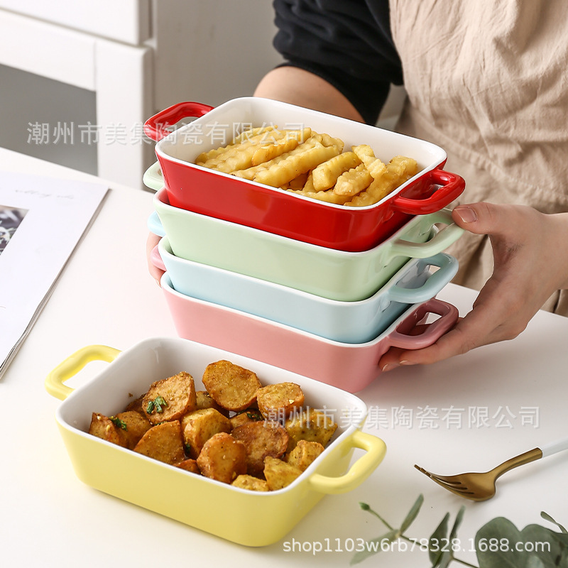 大號創意家用雙耳烤盤陶瓷甜品烘焙盤長方形芝士焗飯盤雙耳烤盤
