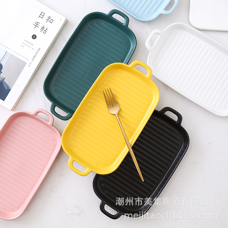 北歐ins雙耳長方烤盤家用陶瓷盤子大號 網紅創意餐具色釉烤盤批發