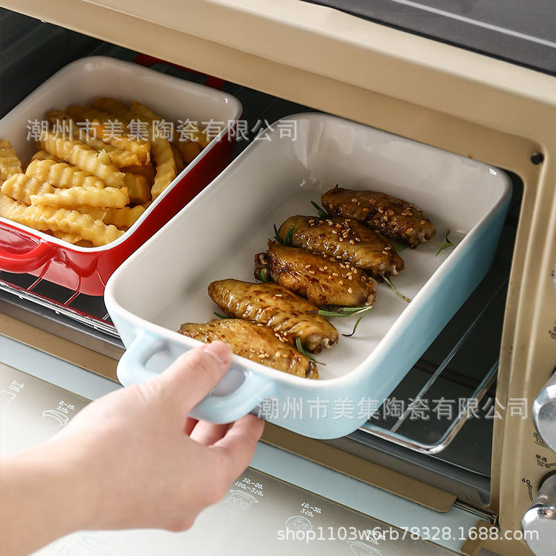 大號創意家用雙耳烤盤陶瓷甜品烘焙盤長方形芝士焗飯盤雙耳烤盤