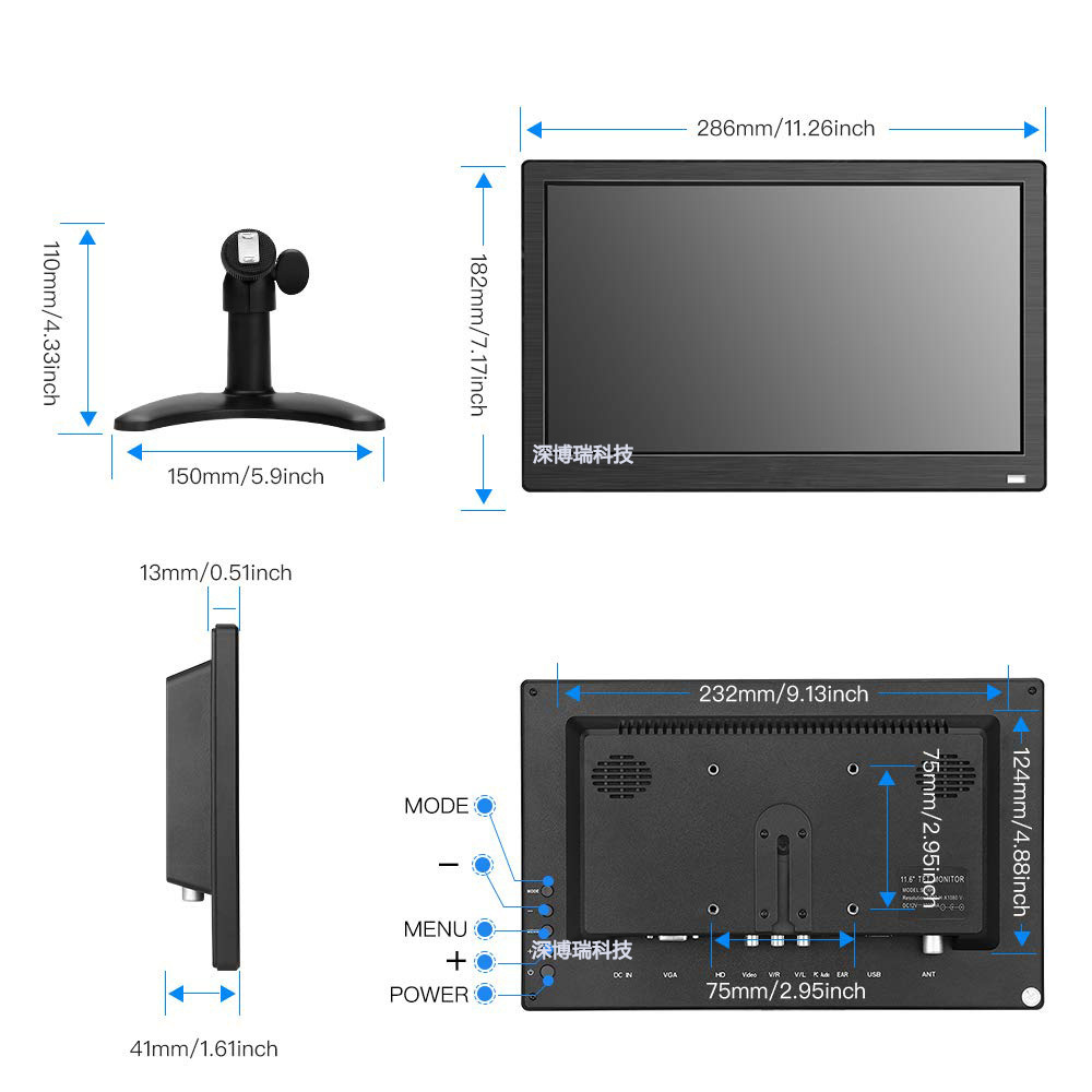 12-inch S116A computer high-clean screen 1366*768 IPS security surveillance equipment vehicle-borne USB industrial monitor