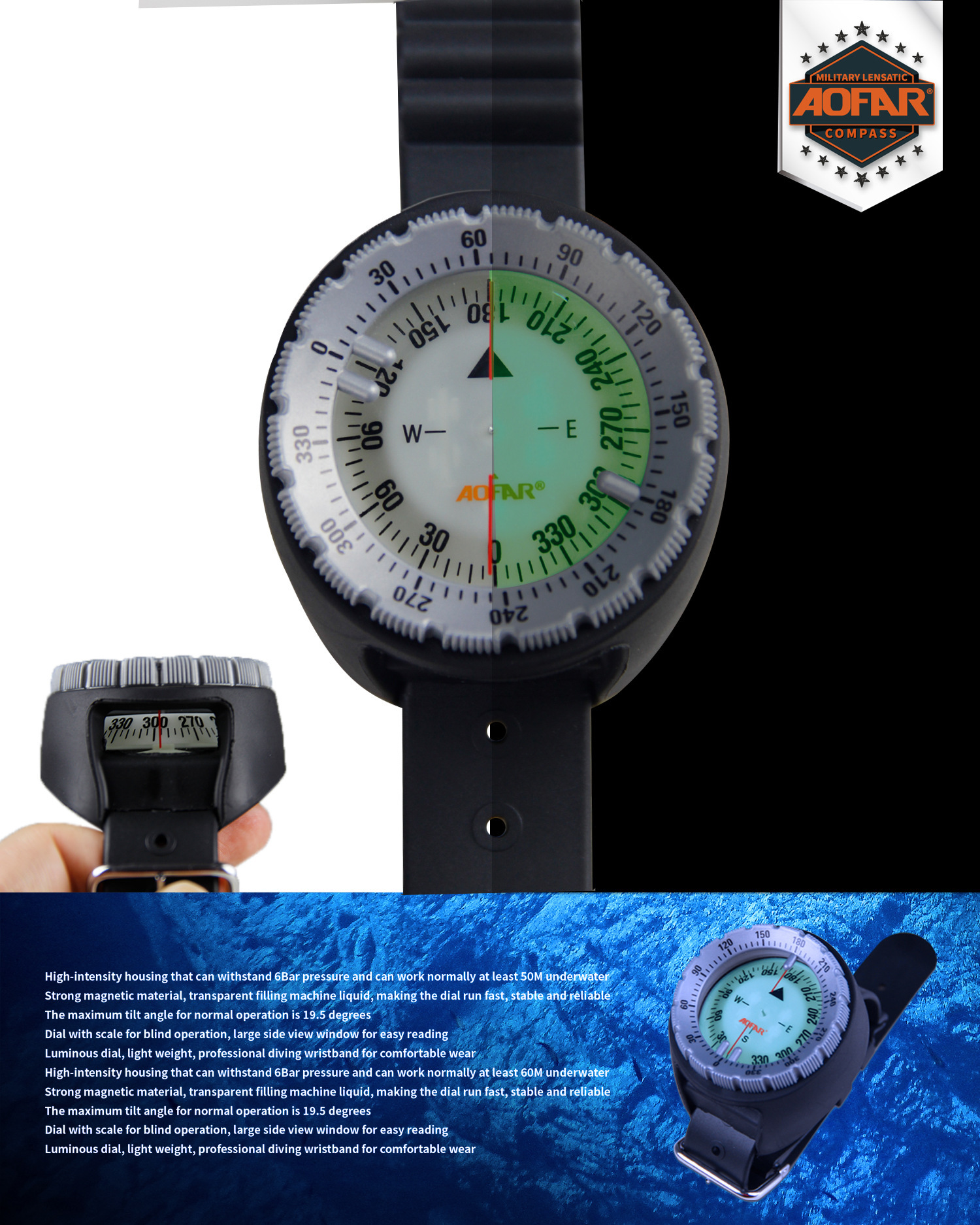 AOFAR (Oopause) AF-Q60 Scuba Guide Professional deep submersible watch night disc TPU material