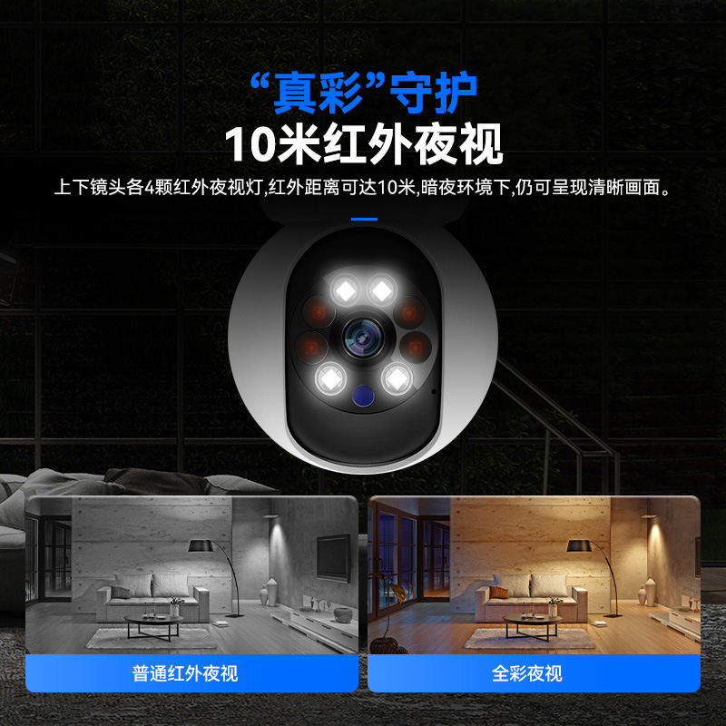 High-resolution remote surveillance cameras with a double lens of 360 degrees, remote indoor WIFI surveillance intelligence cameras