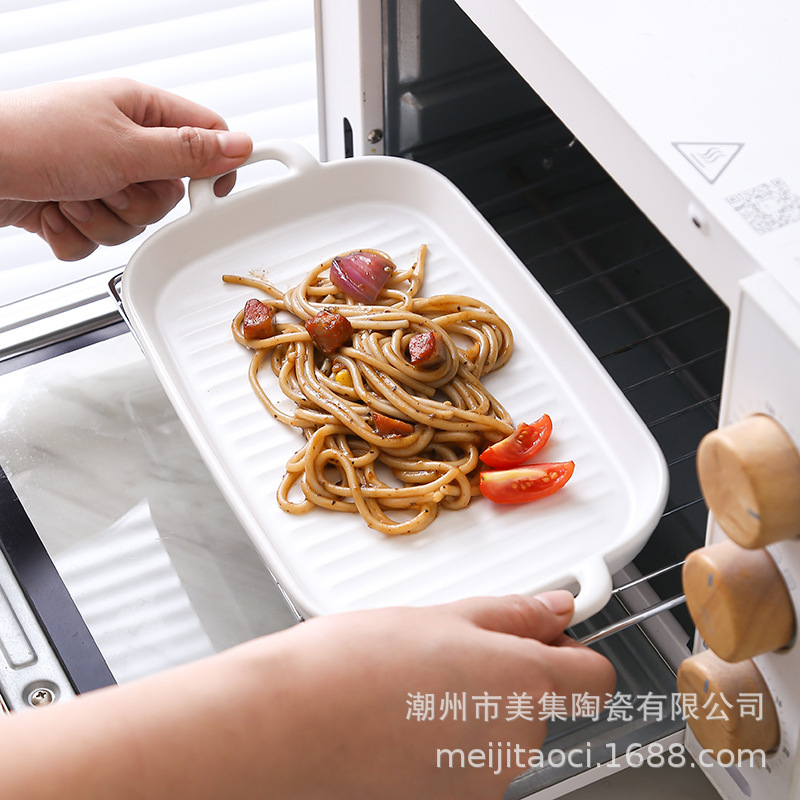 北歐ins雙耳長方烤盤家用陶瓷盤子大號 網紅創意餐具色釉烤盤批發